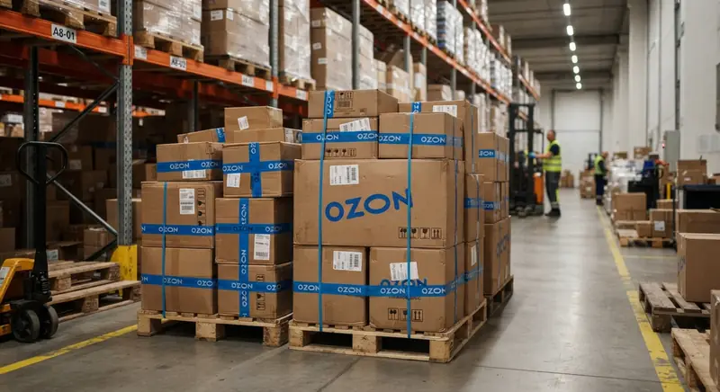 Паллеты с коробками Ozon на складе